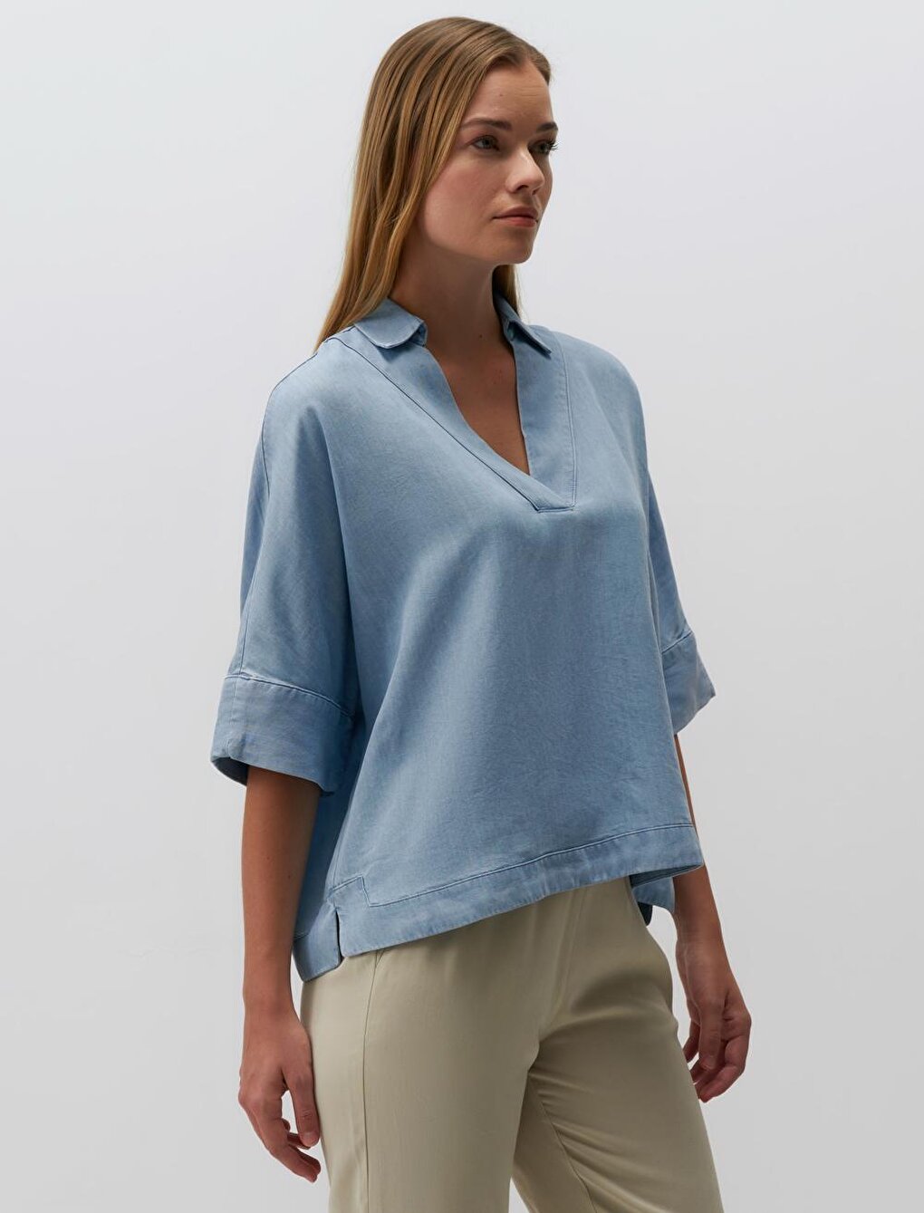 Baby Blue Three Quarter Sleeve Double Breasted Neck Denim Blouse