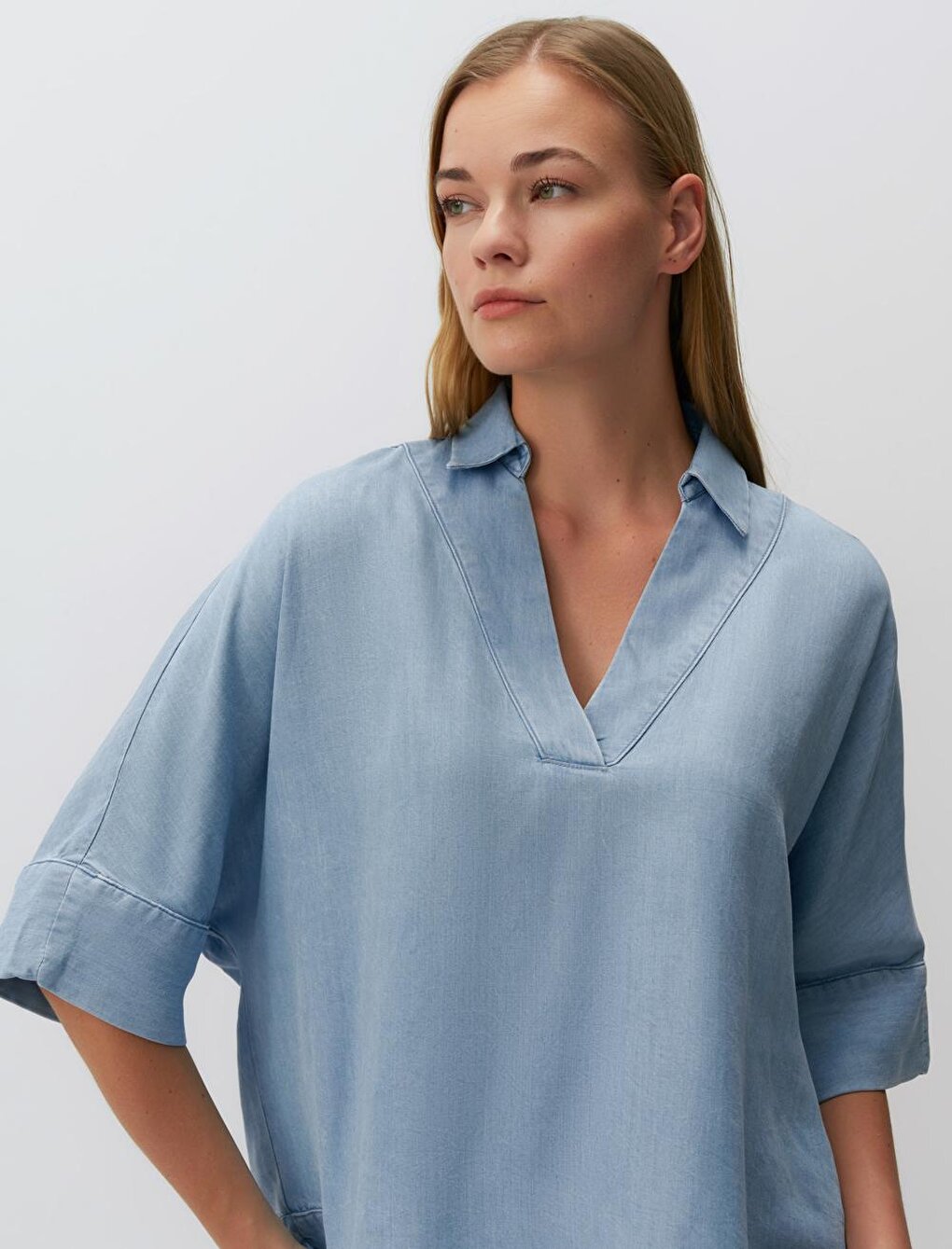 Baby Blue Three Quarter Sleeve Double Breasted Neck Denim Blouse