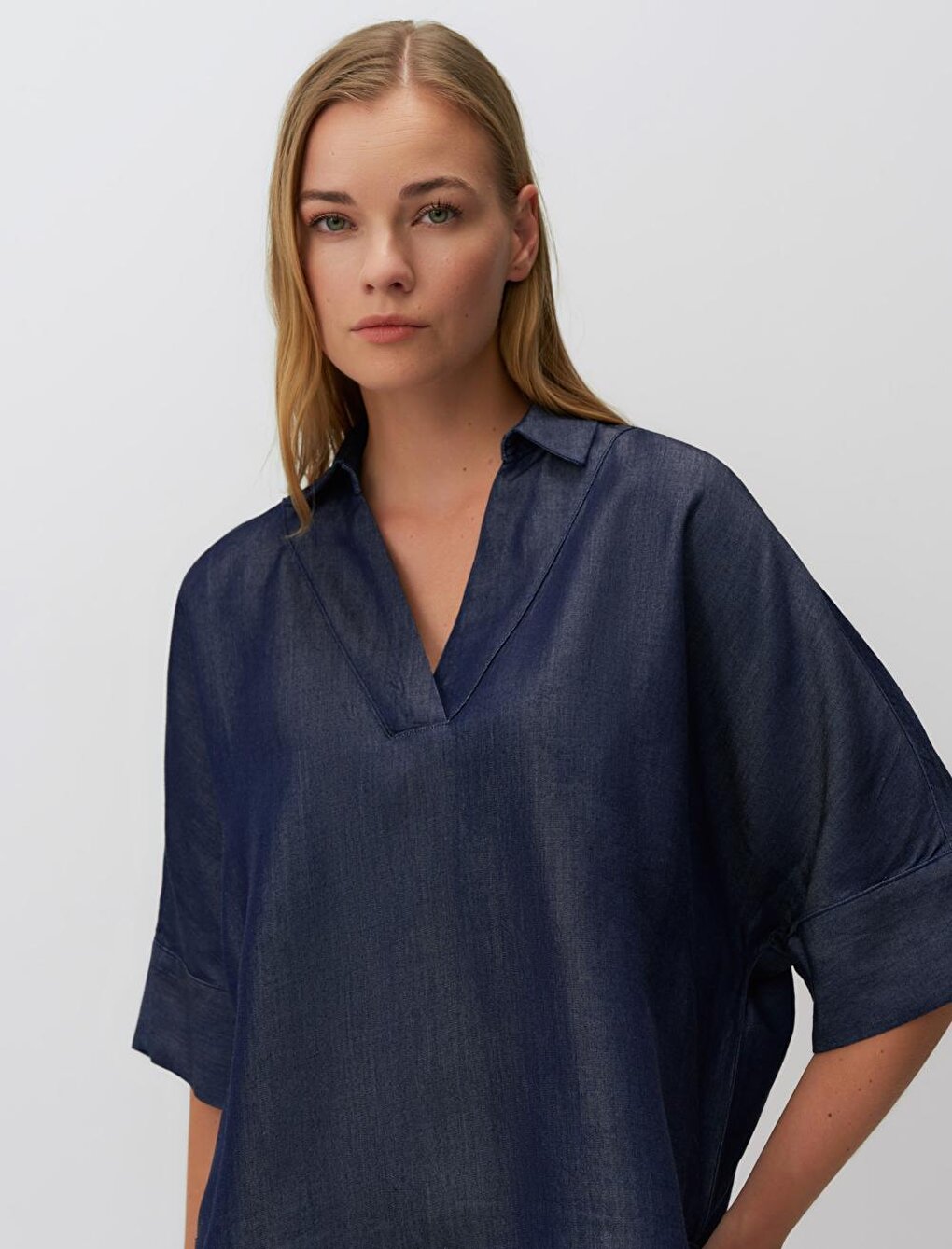 Indigo Blue Three Quarter Sleeve Double Breasted Neck Denim Blouse