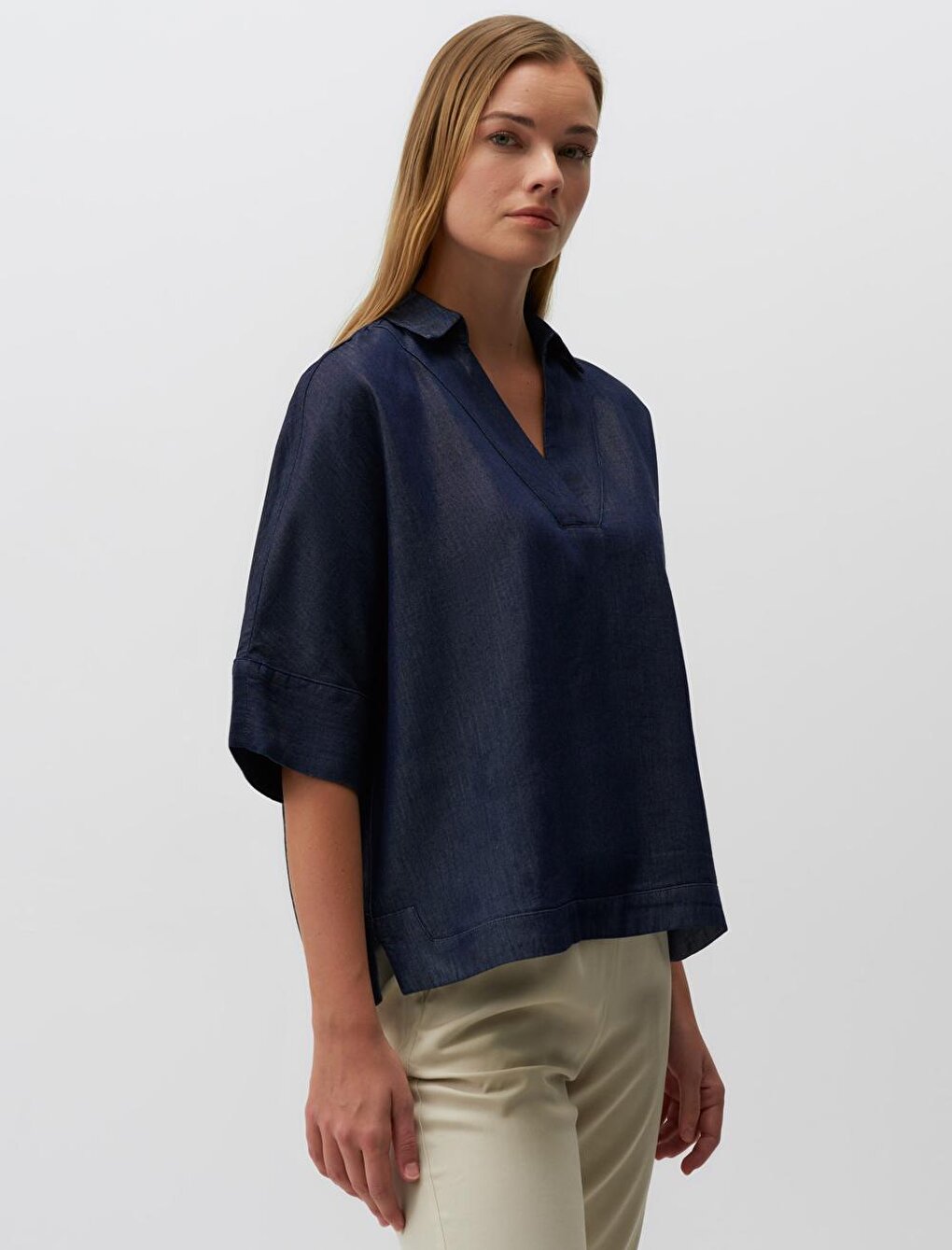 Indigo Blue Three Quarter Sleeve Double Breasted Neck Denim Blouse