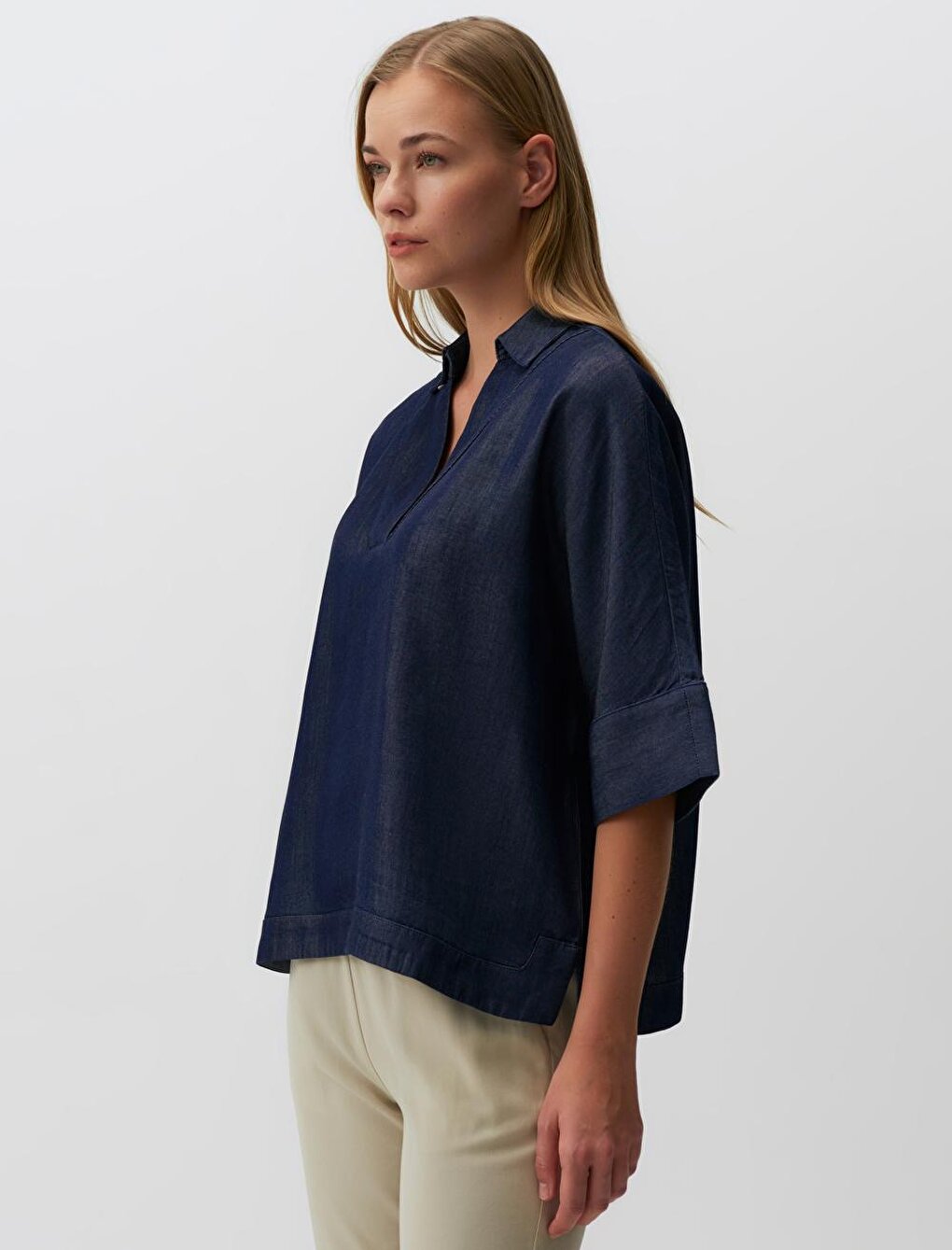 Indigo Blue Three Quarter Sleeve Double Breasted Neck Denim Blouse