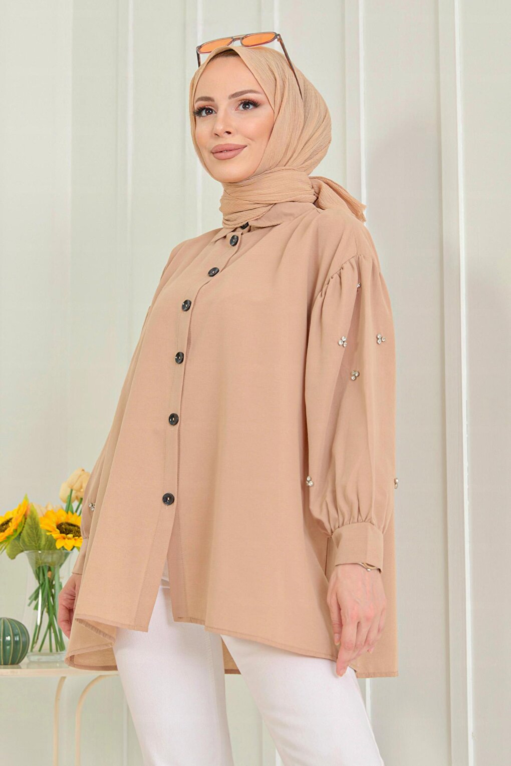 Plain Shirt Collar Women's Beige Tunic - 13022