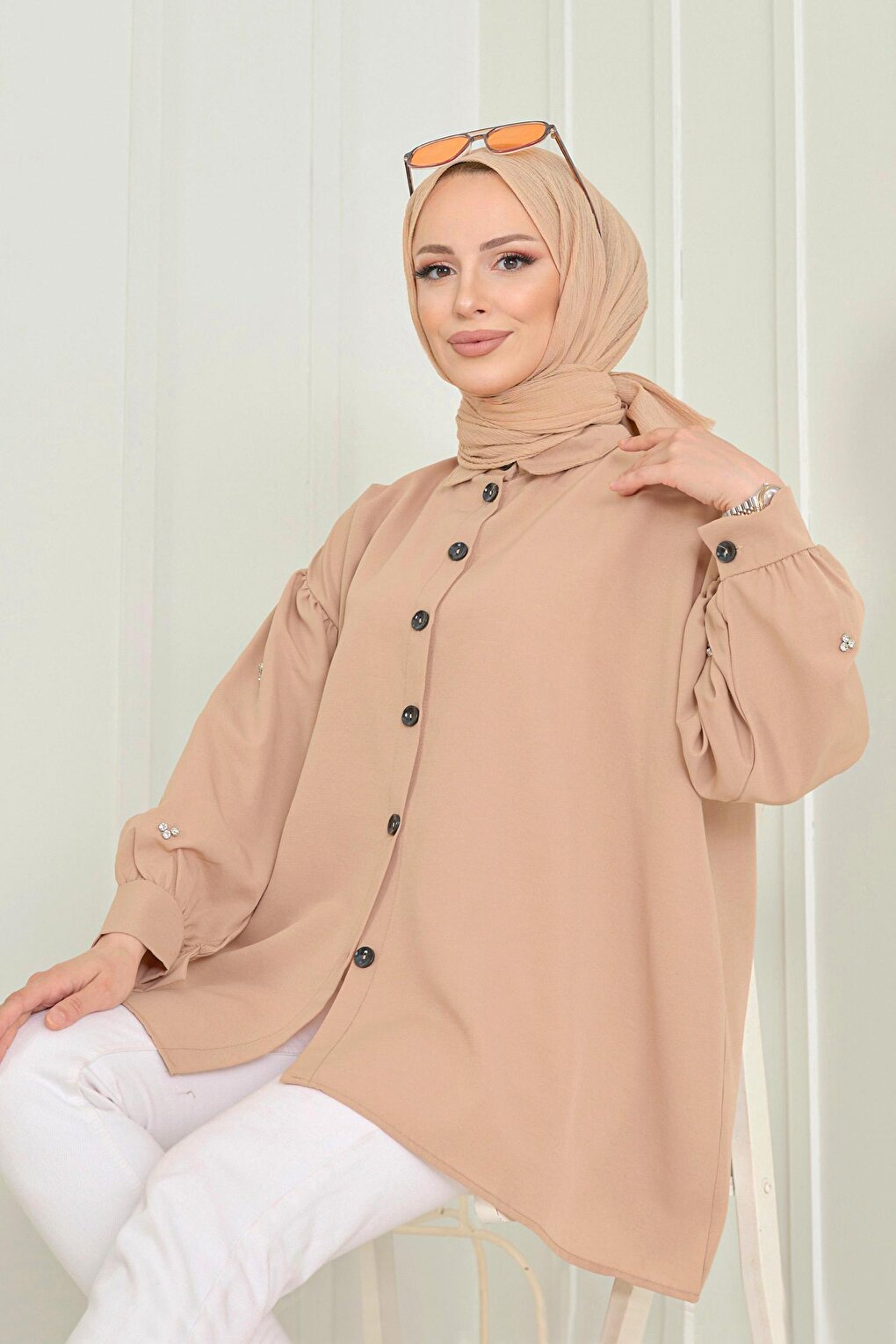 Plain Shirt Collar Women's Beige Tunic - 13022