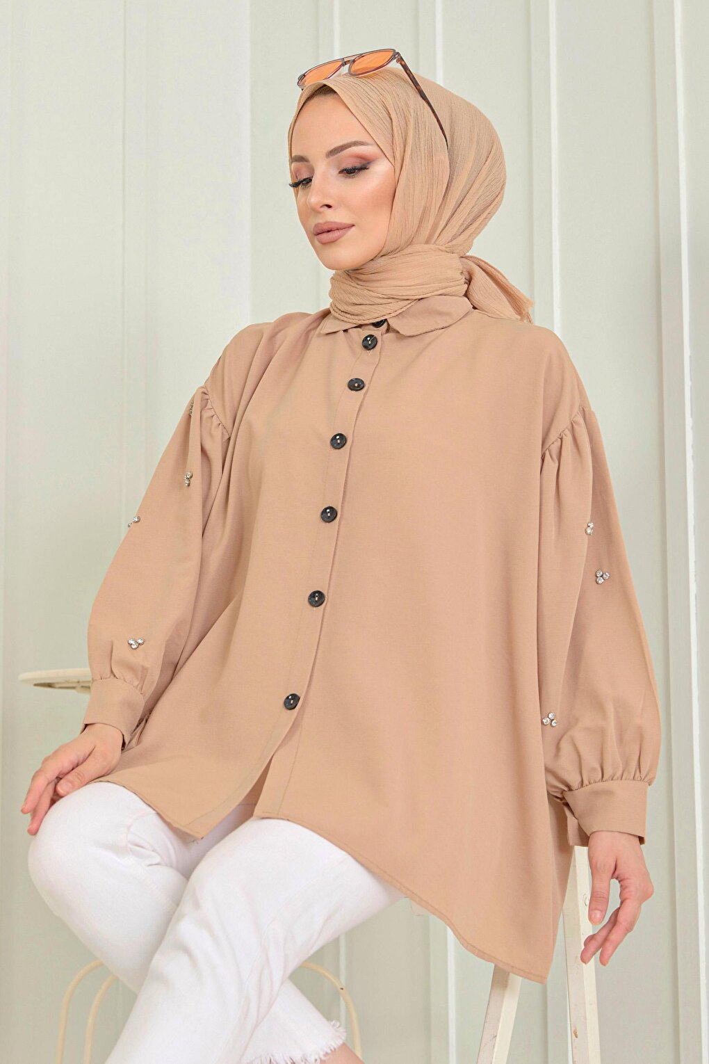 Plain Shirt Collar Women's Beige Tunic - 13022