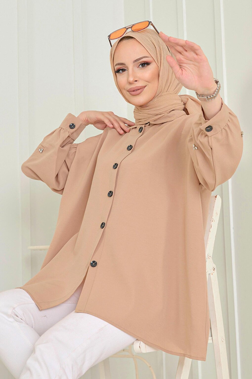 Plain Shirt Collar Women's Beige Tunic - 13022