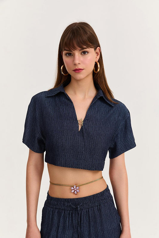 Shirt Collar Textured Crop Blouse Indigo