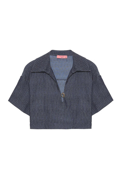 Shirt Collar Textured Crop Blouse Indigo