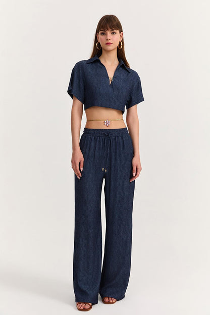 Shirt Collar Textured Crop Blouse Indigo