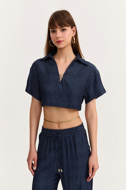 Shirt Collar Textured Crop Blouse Indigo