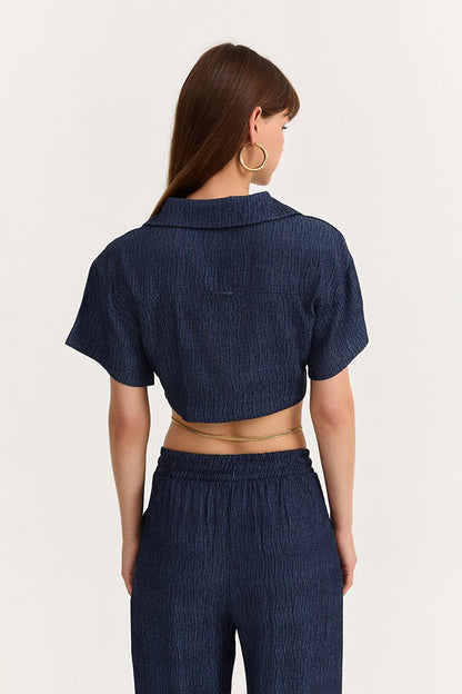 Shirt Collar Textured Crop Blouse Indigo