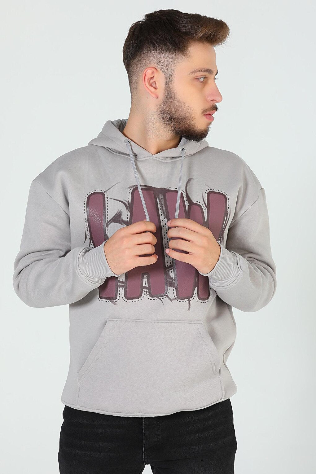 Men's Hooded Printed Three Thread Raster Oversize Sweatshirt