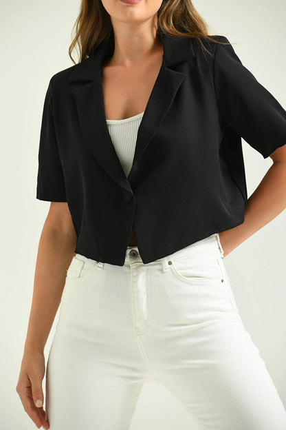 Women's Black Open Collar Short Jacket