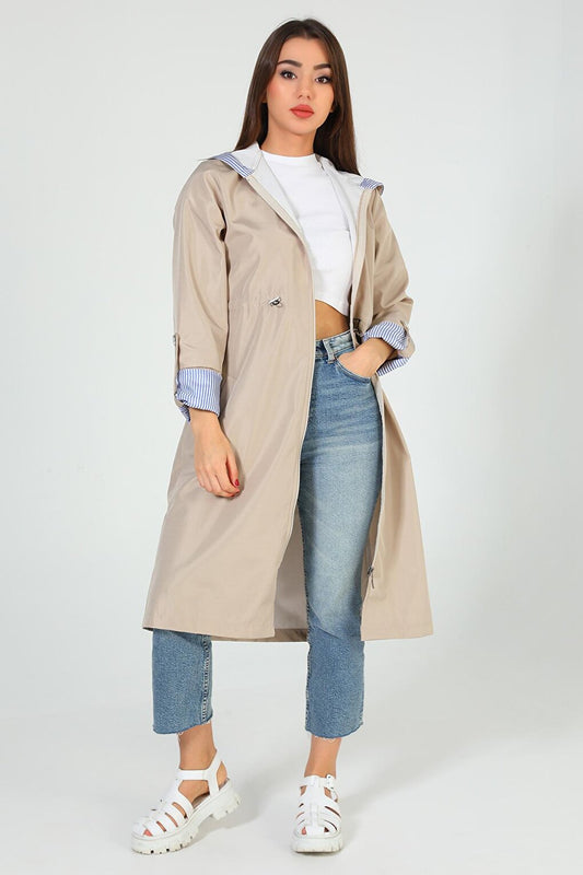 Women's Hooded Long Trench Coat with Elastic Waistband