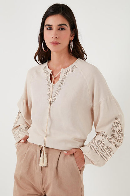 Tie Collar and Embroidered Sleeves V-Neck Regular Fit Blouse 611BZ0368