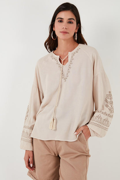 Tie Collar and Embroidered Sleeves V-Neck Regular Fit Blouse 611BZ0368