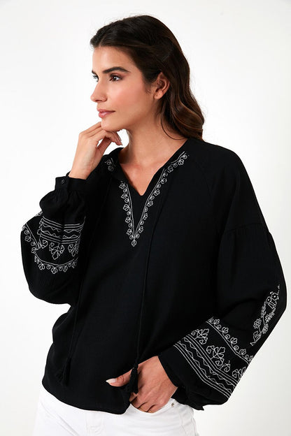 Tie Collar and Embroidered Sleeves V-Neck Regular Fit Blouse 611BZ0368