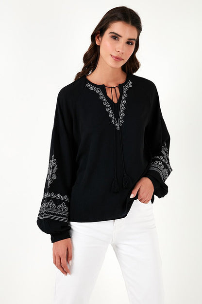 Tie Collar and Embroidered Sleeves V-Neck Regular Fit Blouse 611BZ0368