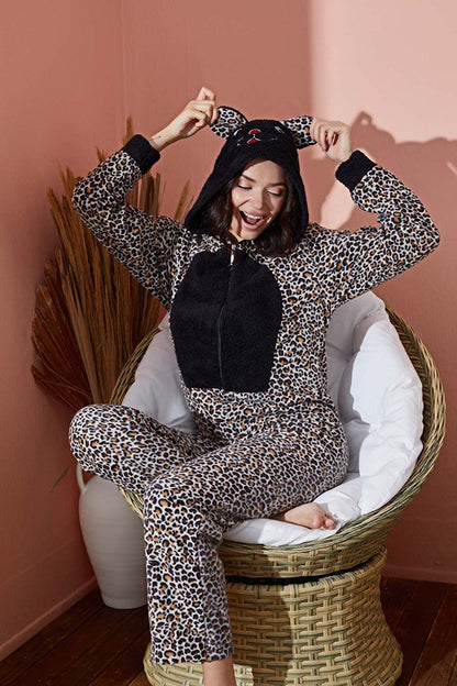 Women's Fleece Length Zippered Jumpsuit Plush Hooded Pajamas 8500