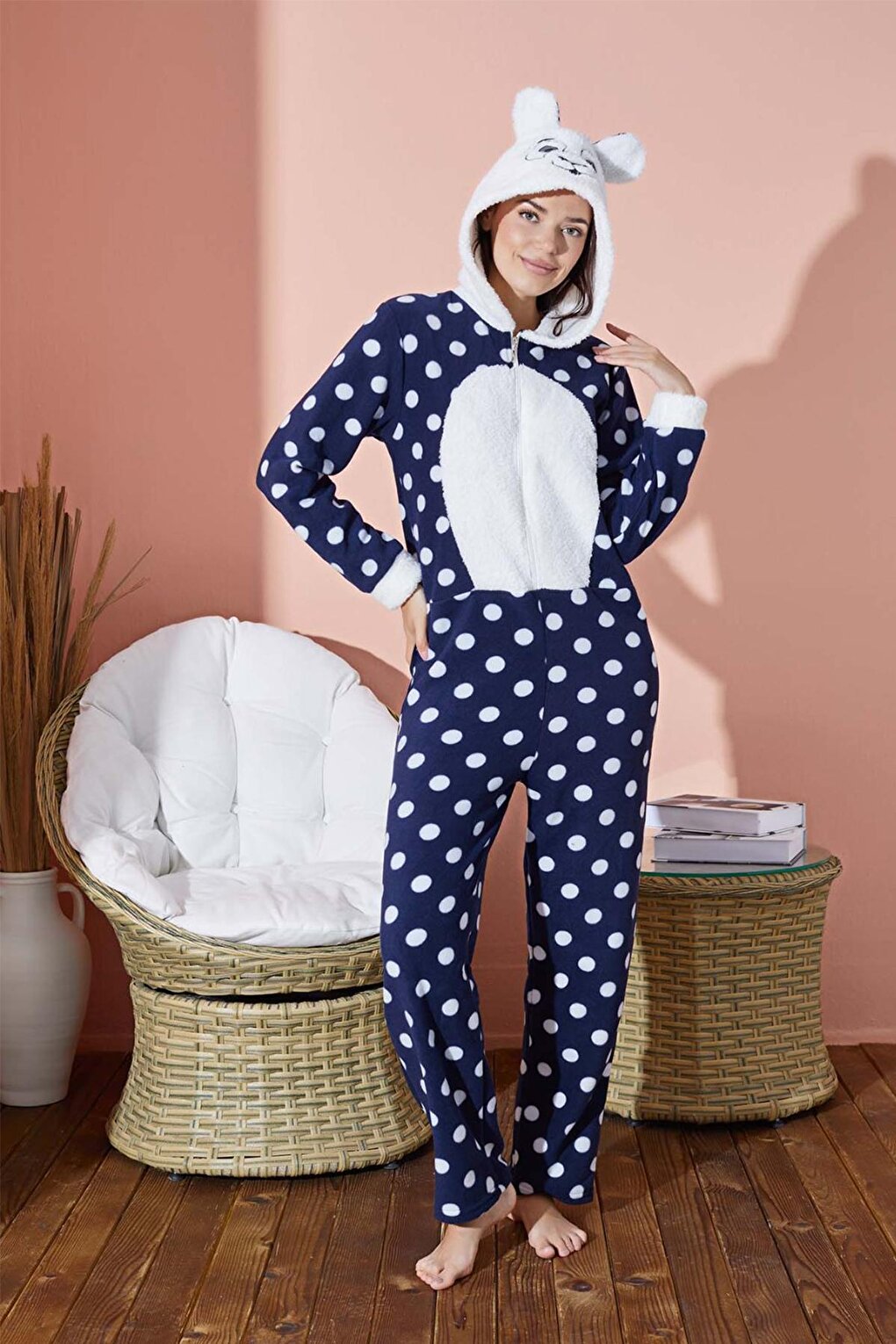 Women's Fleece Length Zippered Jumpsuit Plush Hooded Pajamas 8500