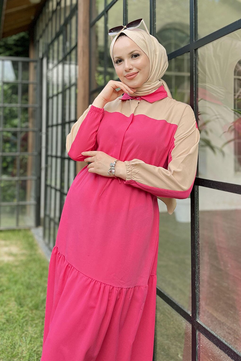 Straight Shirt Collar Women's Fuchsia Dress - 10303