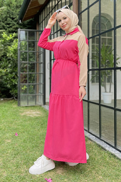 Straight Shirt Collar Women's Fuchsia Dress - 10303