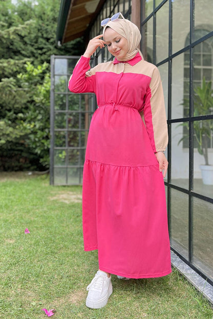 Straight Shirt Collar Women's Fuchsia Dress - 10303