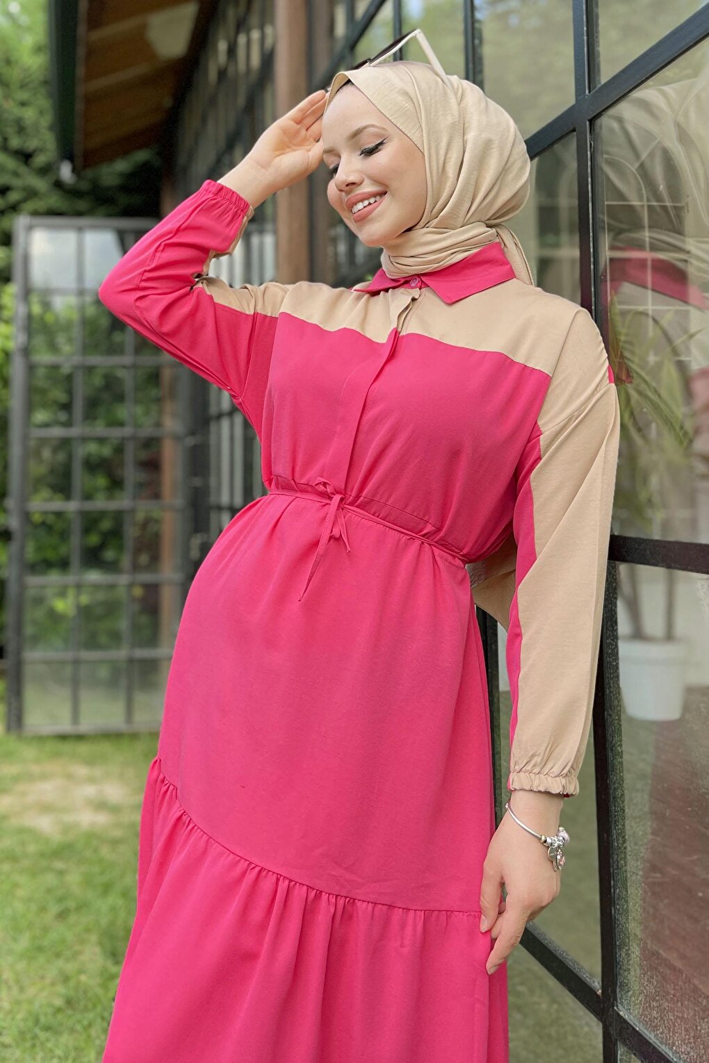 Straight Shirt Collar Women's Fuchsia Dress - 10303