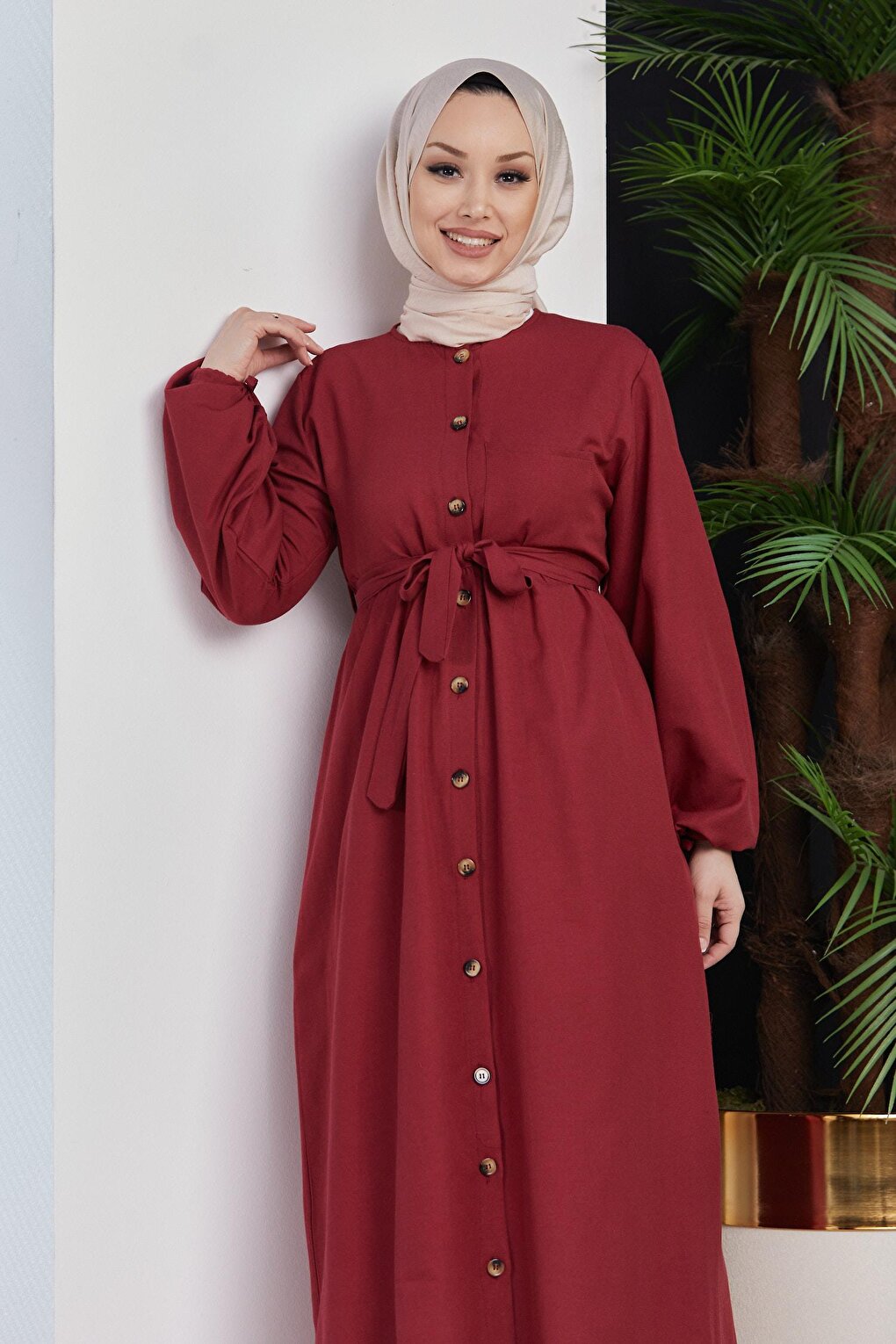 Plain Medium Women's Claret Red Dress - 3558