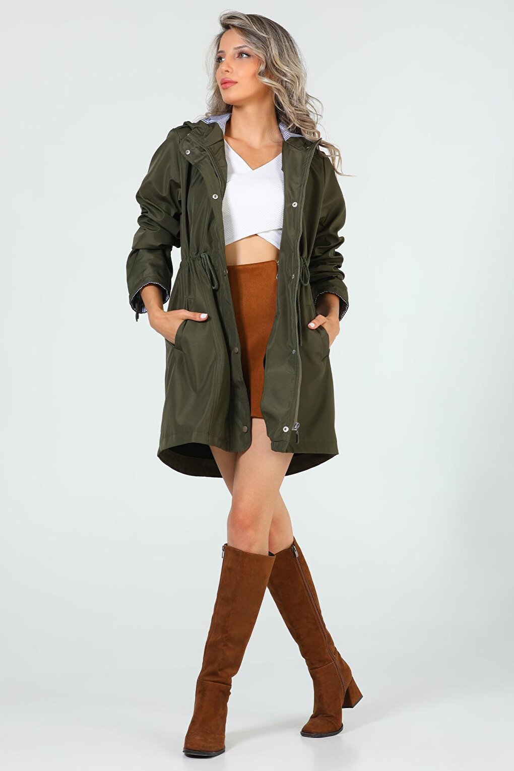 Women's Hooded Stripe Detailed Trench Coat