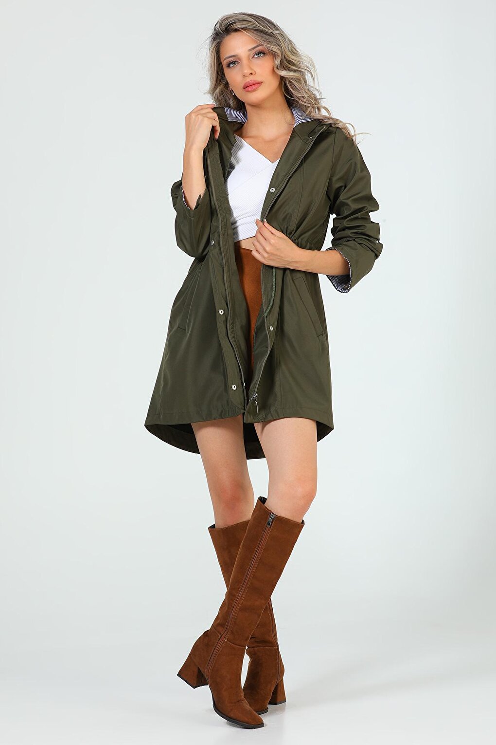 Women's Hooded Stripe Detailed Trench Coat