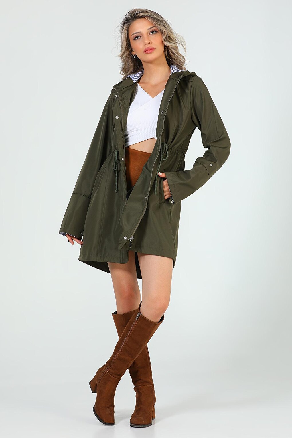 Women's Hooded Stripe Detailed Trench Coat