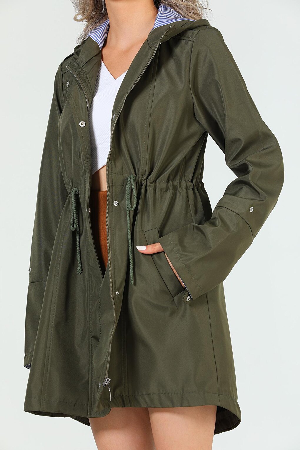 Women's Hooded Stripe Detailed Trench Coat