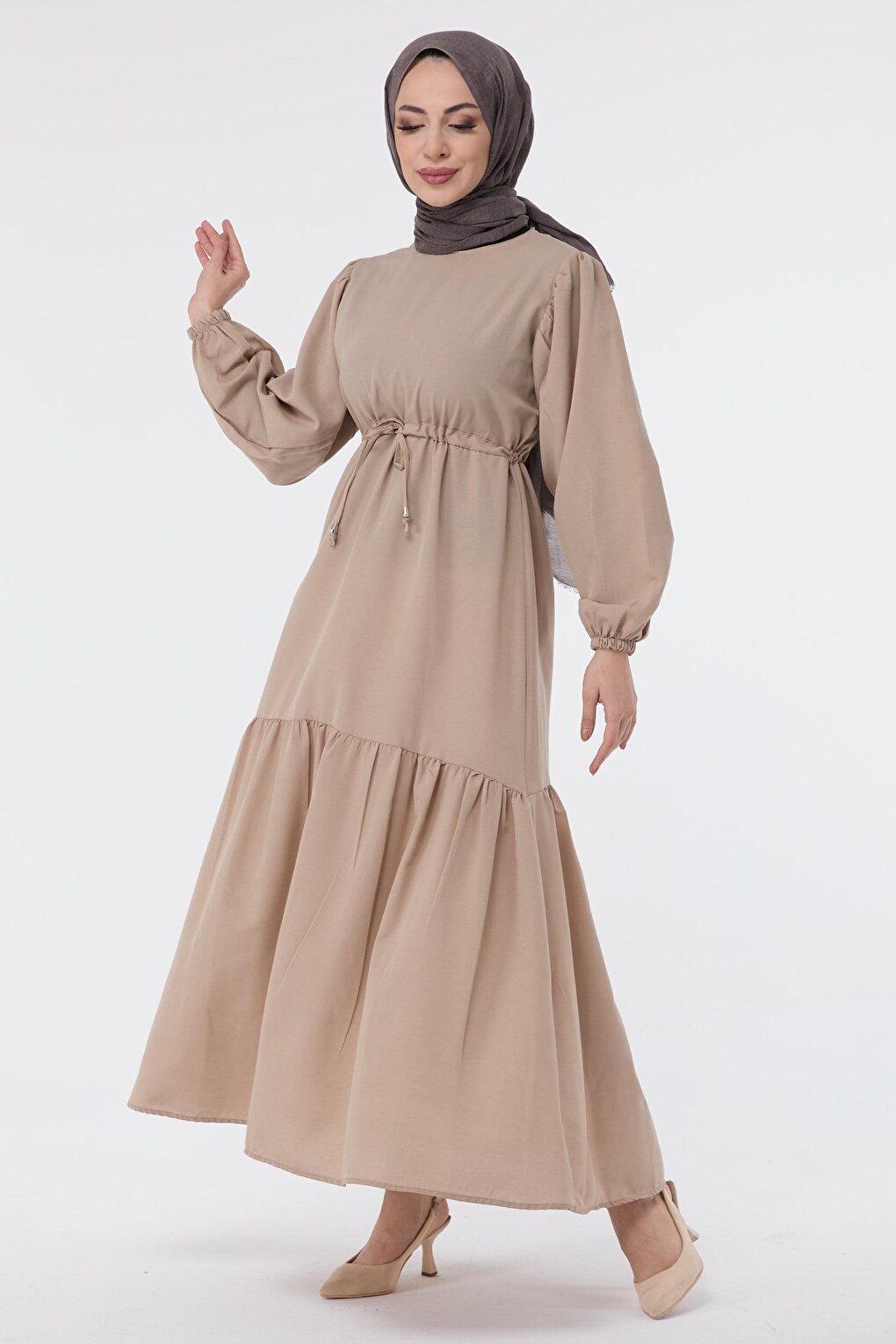 Straight Crew Neck Women's Beige Dress - 11584