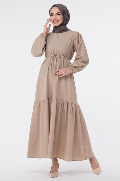 Straight Crew Neck Women's Beige Dress - 11584