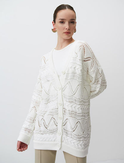 Ecru V-Neck Long Sleeve Openwork Knitwear Cardigan