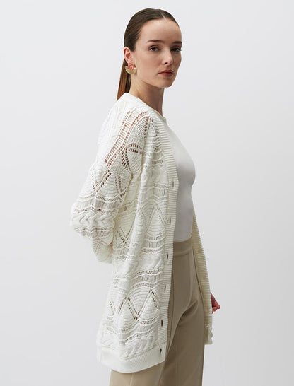 Ecru V-Neck Long Sleeve Openwork Knitwear Cardigan