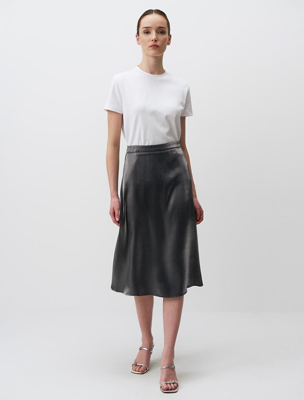 Silver Normal Waist Shiny Midi Satin Skirt