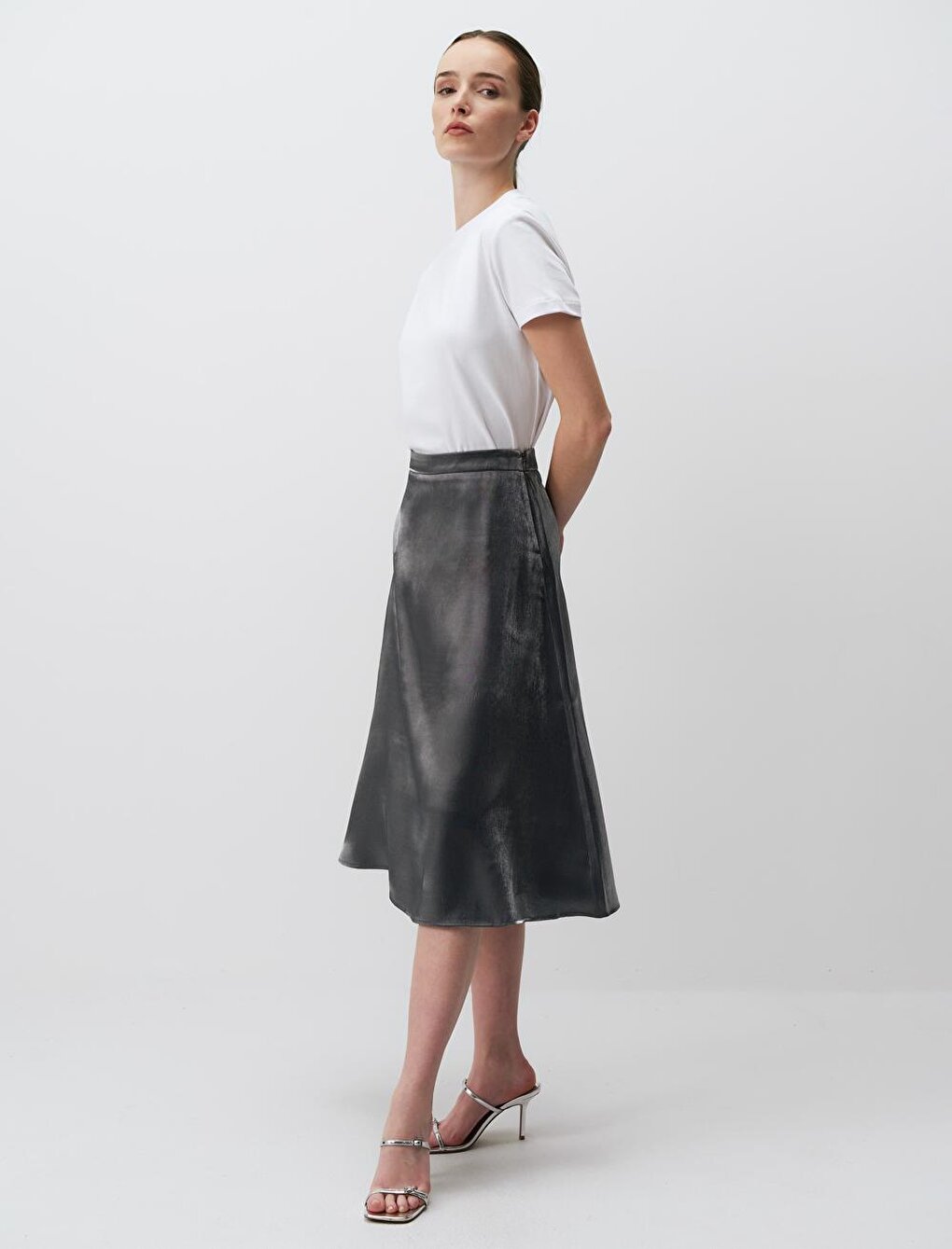 Silver Normal Waist Shiny Midi Satin Skirt