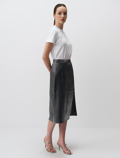 Silver Normal Waist Shiny Midi Satin Skirt