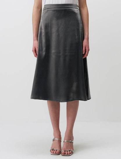 Silver Normal Waist Shiny Midi Satin Skirt