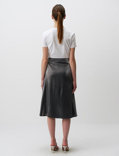 Silver Normal Waist Shiny Midi Satin Skirt