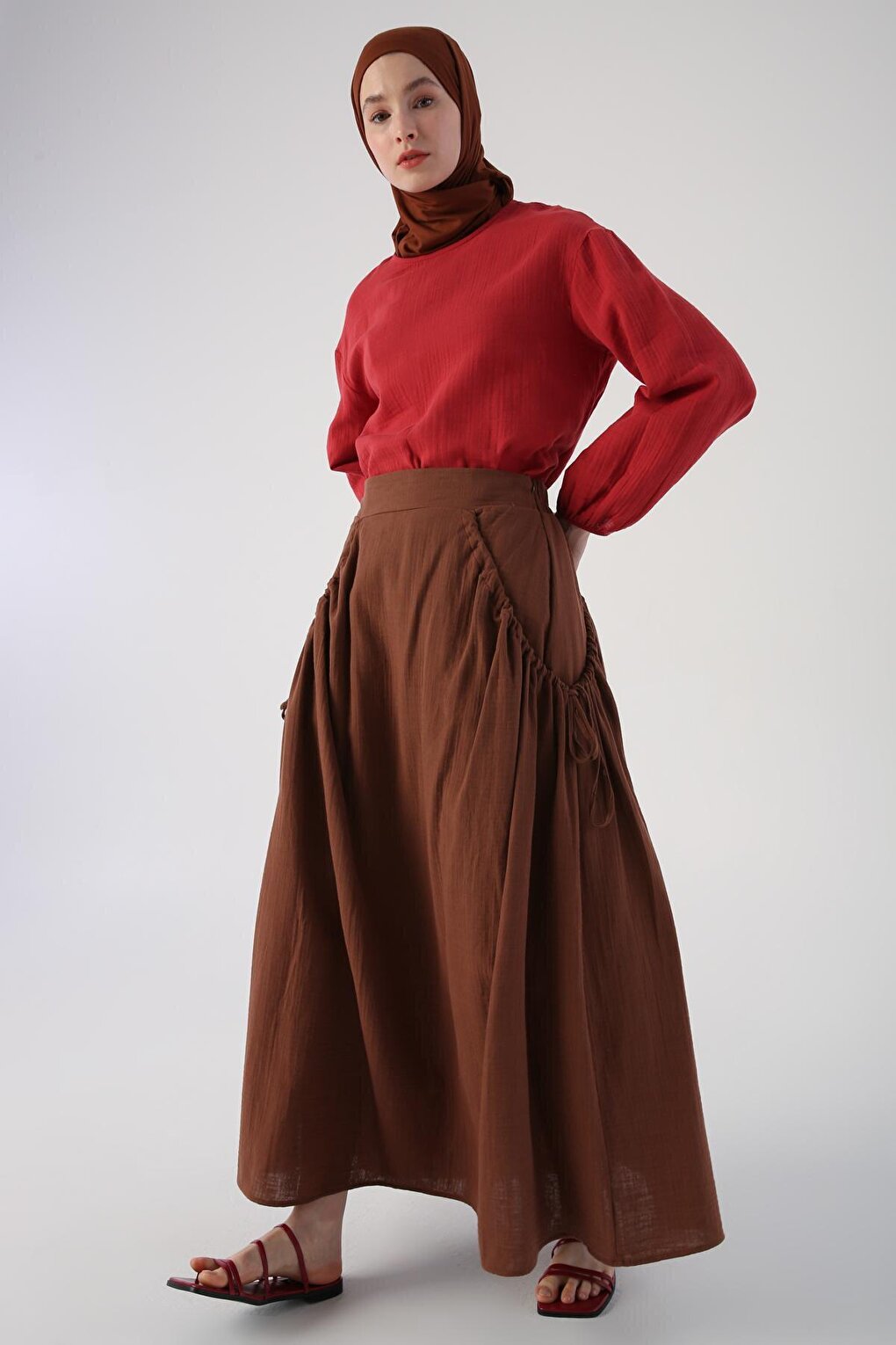 Brown 100% Cotton Flared Skirt with Ruffle Detail on the Sides