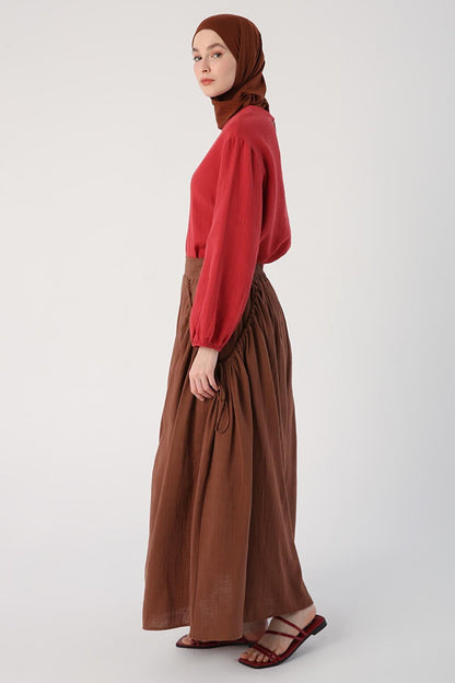 Brown 100% Cotton Flared Skirt with Ruffle Detail on the Sides