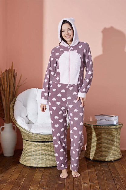 Women's Fleece Length Zippered Jumpsuit Plush Hooded Pajamas 8500