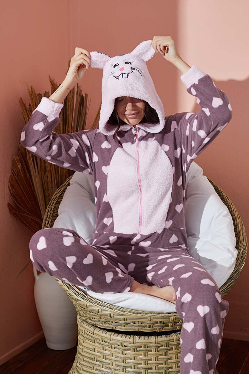 Women's Fleece Length Zippered Jumpsuit Plush Hooded Pajamas 8500