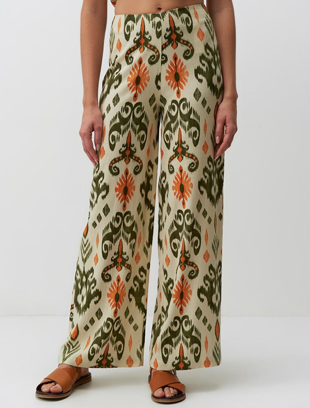 Khaki High Waist Ethnic Patterned Linen Trousers