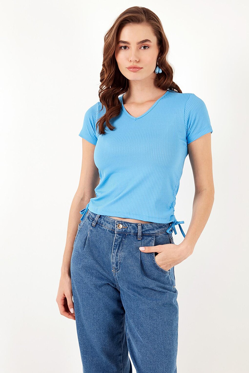 Slim Fit V-Neck Side Drawstrable Blouse 5864011