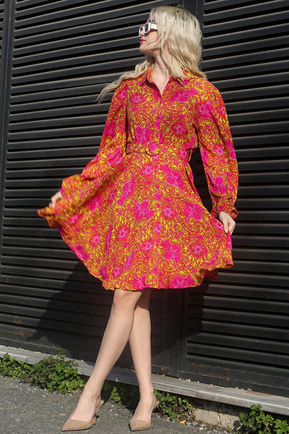 Fuchsia Floral Patterned Shirt Collar Mini Dress MG1823