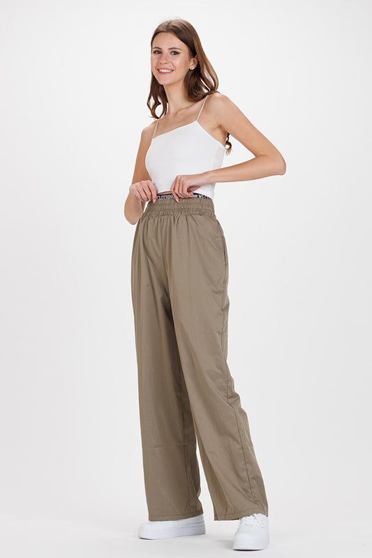 Women's Khaki Waist Lettered Elastic Detail Parachute Trousers