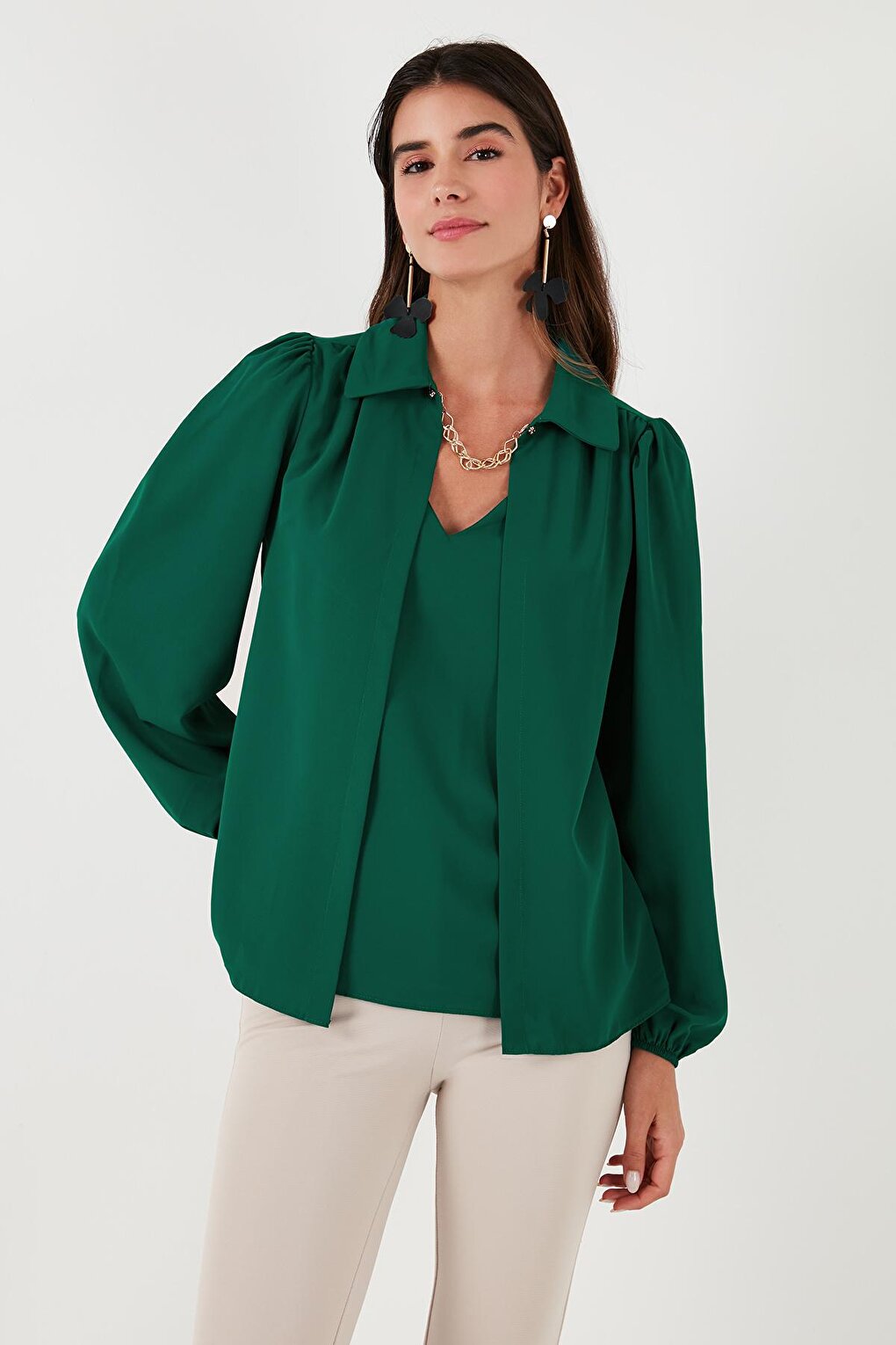 Regular Fit V Neck Balloon Sleeve Blouse 611BZ0353